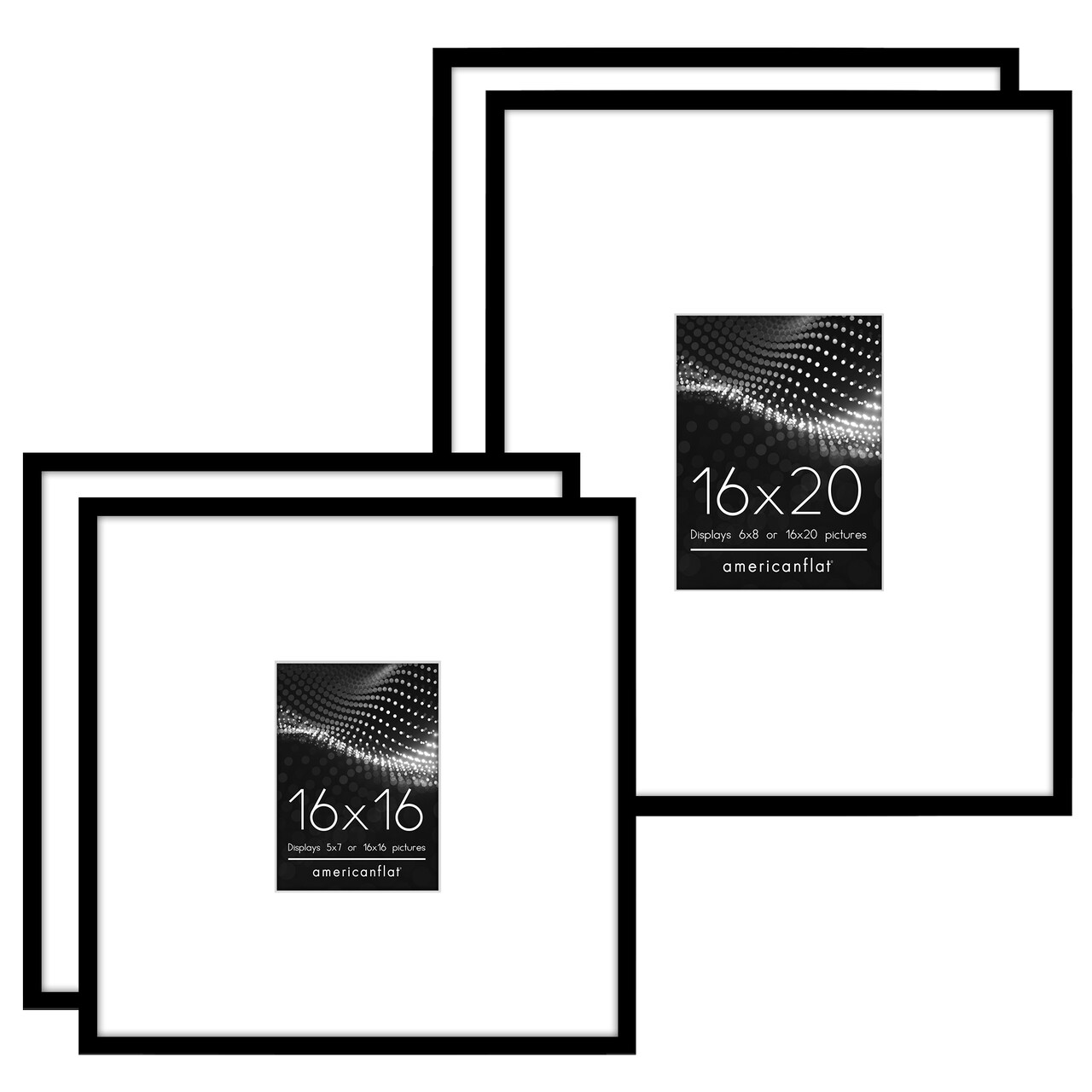 Americanflat Set of 4 Picture Frames - Gallery Wall Frame Set with Two 16x20 Frames with 6x8 Mats and Two 16x16 Frames with 5x7 Mats - Black